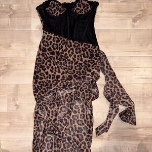 Leopard Print Bustier Lace Slip Sleeveless Maxi Dress asymmetrical